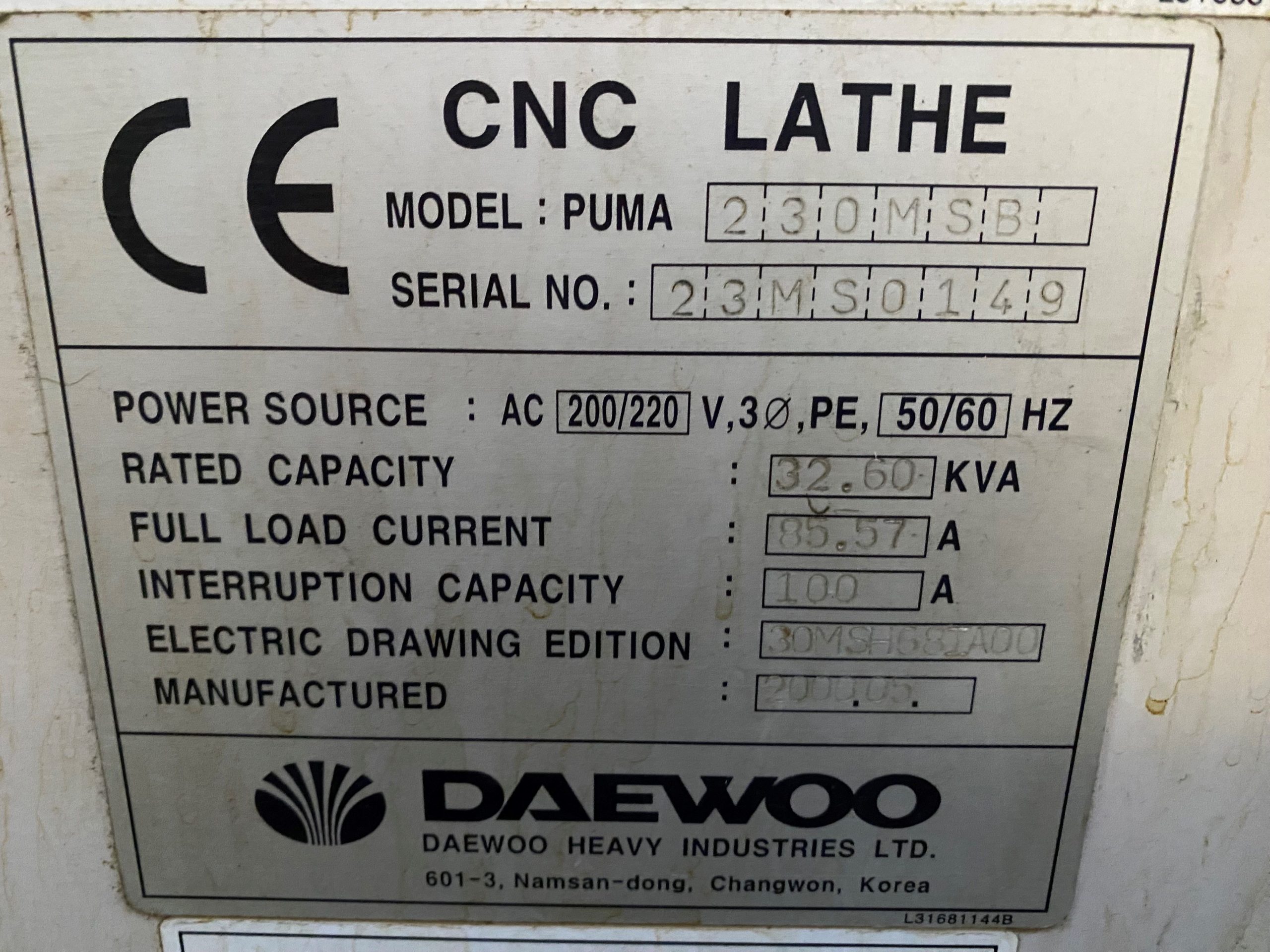 Cnc lathe DAEWOO PUMA 230 MSB